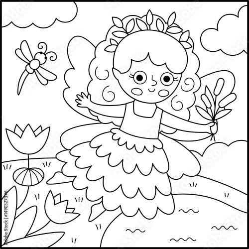 Vector black and white square background with swamp fairy. Fairyland line landscape illustration. Cute scenery with magic princess with wings, lake. Fantasy nature scene illustration, coloring page