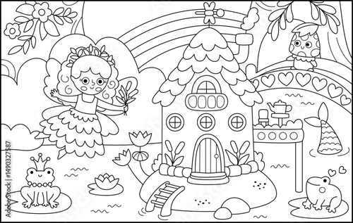 Vector black and white fairyland background with swamp fairy, mermaid house, reeds. Magic land line landscape. Woodland scenery with princess. Fantasy forest scene illustration, coloring page