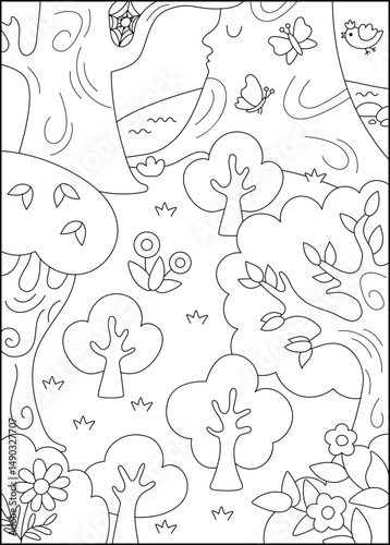 Vector black and white empty enchanted forest background. Line fairyland landscape with trees, butterflies, bird, river, flowers. Woodland scenery, coloring page. Fantasy nature scene