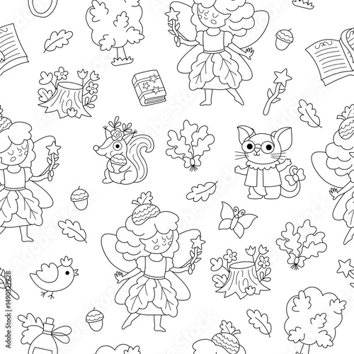 Wallpaper Mural Vector black and white acorn fairy seamless pattern. Line repeat background with little girl. Woodland princess digital paper. Fantasy forest, magic garden coloring page with fairytale creature Torontodigital.ca