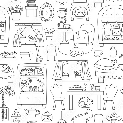 Vector black and white acorn fairy house seamless pattern. Repeat background with woodland princess home decor items. Fantasy forest cottage coloring page. Magic fairytale treehouse digital paper
