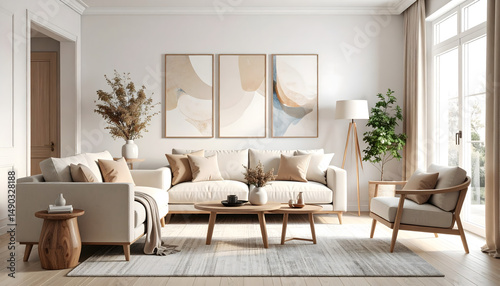 Modern Neutral Living Room Interior Design with Beige Sofa and Wooden Accents