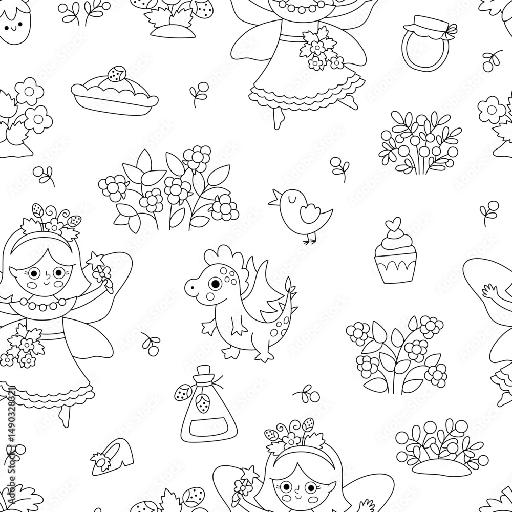 Obraz premium Vector black and white berry fairy seamless pattern. Line repeat background with girl. Woodland princess digital paper. Fantasy forest, magic garden coloring page with butterfly, dragon