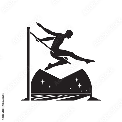Pole Vault Silhouette line art vector illustration on white background