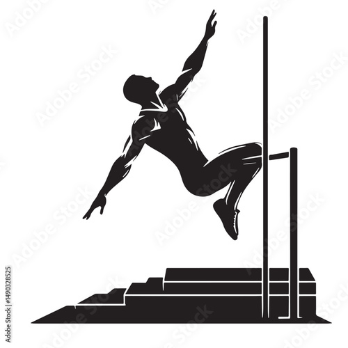 Pole Vault Silhouette line art vector illustration on white background