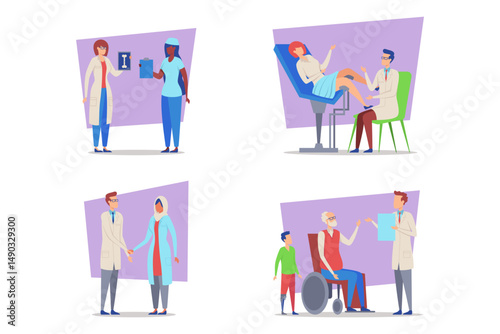 Healthcare providers collaborating in various scenarios, including consultations, examinations, and patient support, showcasing range of medical services in dynamic environment