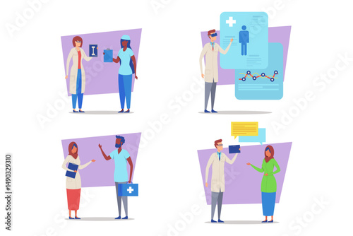 Diverse group of healthcare professionals interacting in modern healthcare environment. Activities including discussing patient information, reviewing medical charts, and communicating care plans