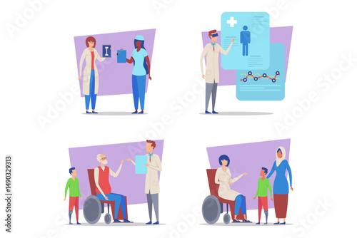 Healthcare workers engaged in various activities, such as discussing medical information, consulting with patients, and providing care. Teamwork and compassion in health services concept