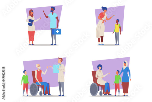 Healthcare professionals engaged with patients in various scenarios, showcasing communication in medical environments. Concept of importance of healthcare access and support