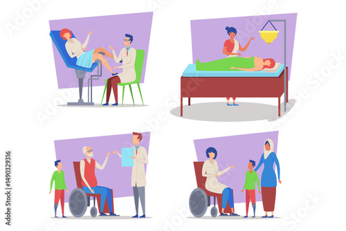 Healthcare practitioners engaged with patients in various scenarios, showcasing routine medical procedures and therapeutic interactions. Compassionate care and support concept
