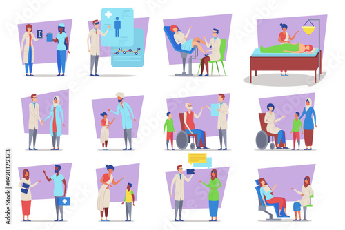 Collection of illustrations depicting various healthcare professionals interacting with patients in different settings. Activities including consultations, treatments, and health assessments