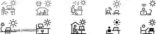 Peaceful Remote Work Icon with Sunlight and Minimal Workspace Setup, Home Office Tranquility Symbol, Work from Home Concept with Desk, Computer, Sun Rays, Calming Environment, Digital Nomad Lifestyle