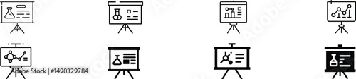 Science Fair Project Icon Set Featuring Presentation Boards on Easels with Chemistry Flasks, Graphs, and Molecule Structures, Educational STEM Research Display Panels for Students at School