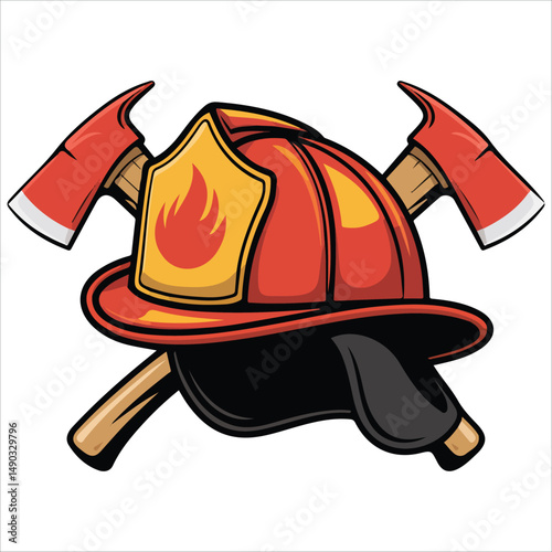 Firefighter helmet with axe isolated vector illustration on white background