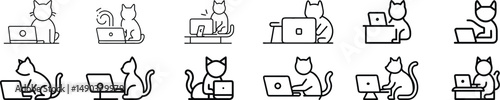 Cute Cat Sitting Near Laptop While Working from Home Icon, Remote Work with Pet Companion, Home Office Scene with Feline Animal, Cozy Domestic Workspace Concept for Freelancers and Digital Nomads