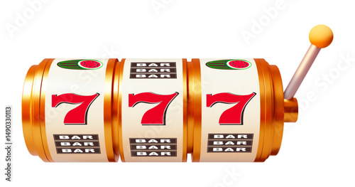 Online casino. 3D slot machine on white isolated background. Gambling concept design. 3d rendering illustration.