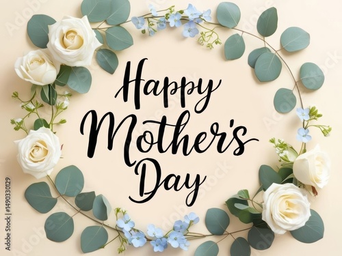 banner with the inscription Happy Mother's Day and white roses and blue flower 2