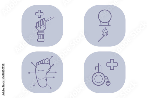 Collection of line icons representing medical concepts including robotic hand with scalpel, cupping therapy, foot with needles, and wheelchair