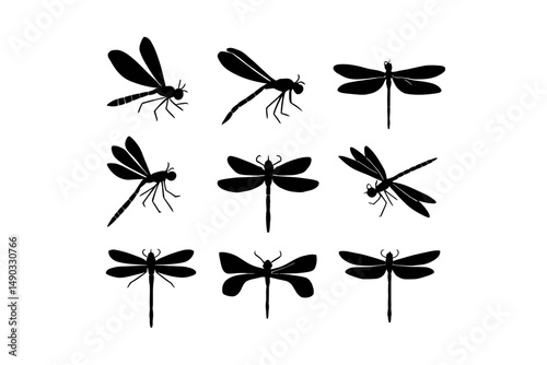 Silhouettes of nine different dragonflies are arranged in a grid formation