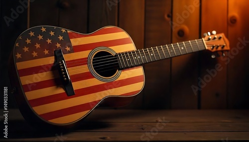 Patriotic Guitar on Rustic Wood

Stars & Stripes Acoustic Guitar Close-Up

Weathered USA Wood with Guitar Detail

American Flag Guitar Still Life

Rustic Patriotism with Acoustic Guitar