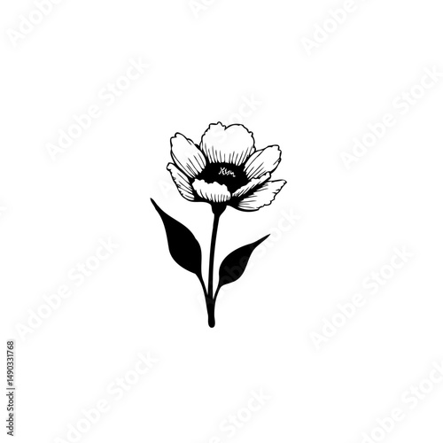 Monochromatic botanical illustration showcasing a solitary stylized flower
