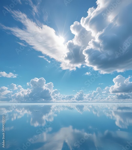 Bright azure sky canvas, soft white clouds drifting lazily , sun, photo