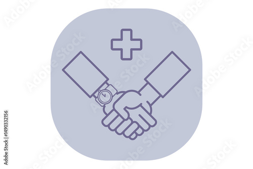 Line drawing of two hands shaking, representing collaboration in medical field, healthcare cross symbol above. Health partnerships concept