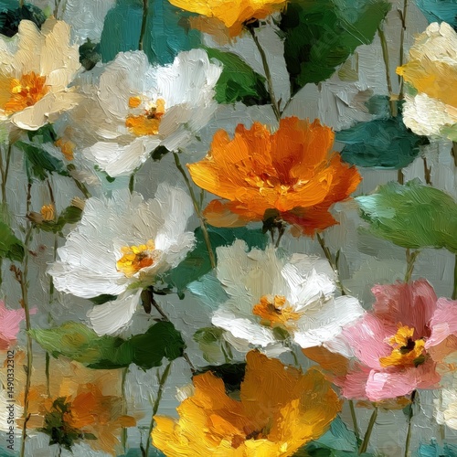 Impasto Floral Painting: White, Orange & Pink Flowers