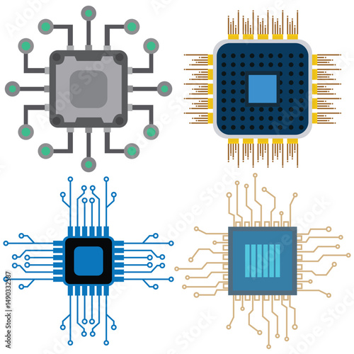 CPU Microprocessor and Electronic Chip Icon Set. Vector Illustrations of Microchip and Circuit Board in Multiple Styles