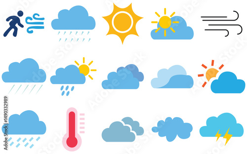Weather Icon Set – Flat and Line Style Vector Symbols of Sun, Cloud, Rain, and Snow