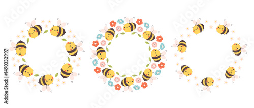 Cute bee characters with flowers circle frame. Cute hand drawn round frame in doodle style. Circular template. Vector illustration in flat style