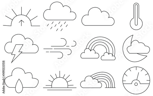 Weather Icon Set – Flat and Line Style Vector Symbols of Sun, Cloud, Rain, and Snow