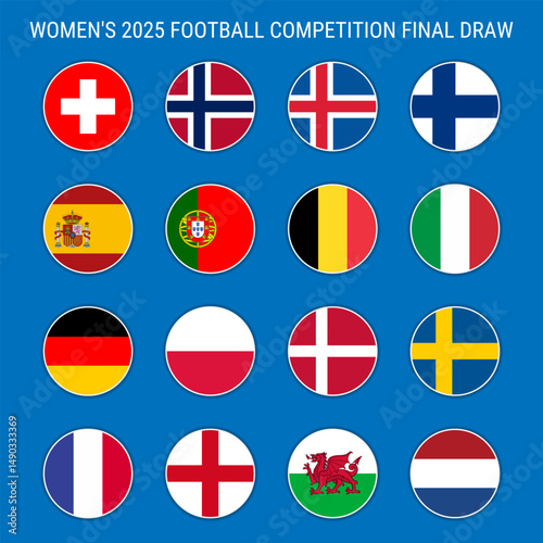 National flags representing the teams competing in the Women's 2025 Football Competition. Vector flag icons with subtle shadows beneath