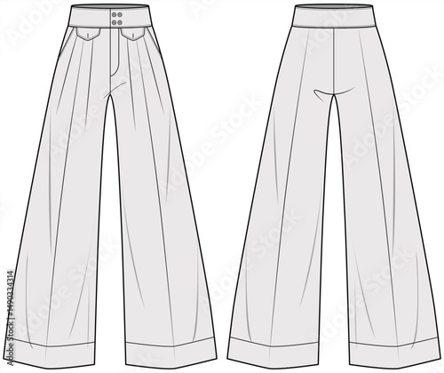 High Waist Formal Flared Wide Leg Pant Fashion Illustration, Vector, CAD, Technical Drawing, Flat Drawing, Template, Mockup.