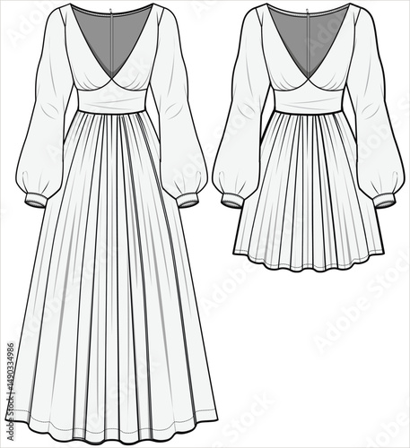 Deep V Neck Bishop Sleeve Flared Dress with Back Zip Fashion Flat Sketch Vector Illustration, CAD, Technical Drawing, Flat Drawing, Template, Mockup.