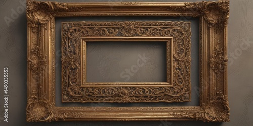 Intricate gilded frames, ornate detailing, aged patina ,  elegant,  metal