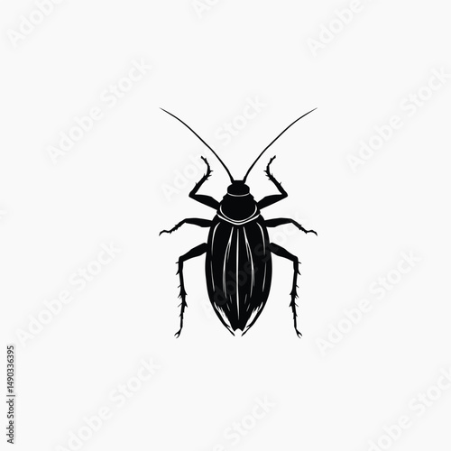 Detailed Cockroach Silhouette, Top-Down Insect Illustration with Segmented Body, Spiny Legs, and Long Antennae, Minimalist Black and White Vector