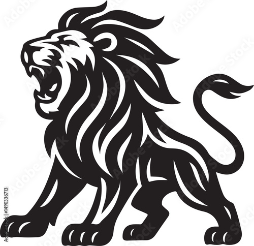"Tribal Lion Vector Illustration – Fierce Roaring Animal Tattoo Design in Black and White"