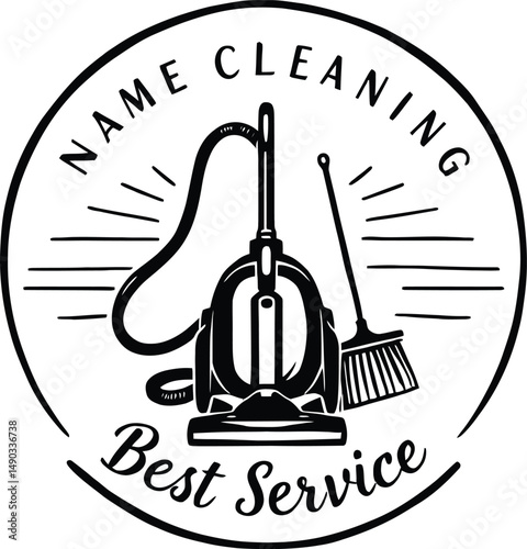 Premium Cleaning Service Logo Featuring a Sleek Vacuum Cleaner and Broom Crossed in the Center, with Radiating Lines Emphasizing Professionalism, Accompanied by the Text “NAME CLEANING”