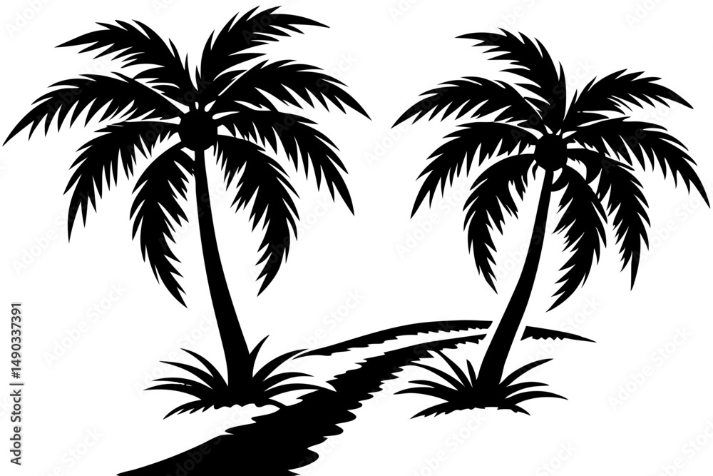 Fototapeta premium Tropical Resort with Twin Palm Trees Clipart