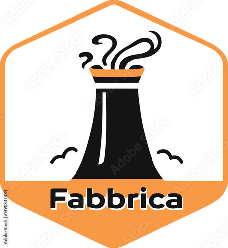 Factory Branding Logo Featuring a Hexagonal Frame with an Industrial Chimney Emitting Smoke, Accented by an Orange Band Near the Top, with the Bold Typography “Fabbrica” Below, Representing Manufactur