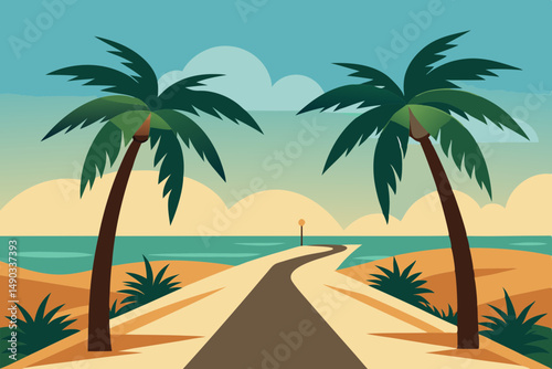 Palm Trees Beside Resort Pathway Vector