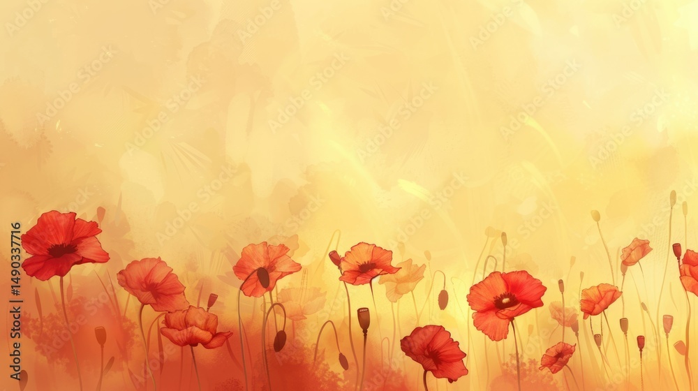 Fototapeta premium Red poppies field background at sunset with golden sky and warm color palette