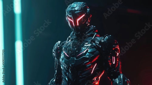Futuristic robot warrior in a dark, vibrant environment.