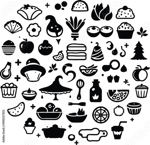 Circular Culinary Icon Set Featuring a Collection of Stylized Black and White Food Illustrations, Including Fruits, Vegetables, Baked Goods, Kitchen Utensils, and Miscellaneous Dining Elements
