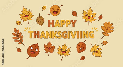 Cute and colorful leaves with expressive faces highlight the joyful spirit of Thanksgiving.
