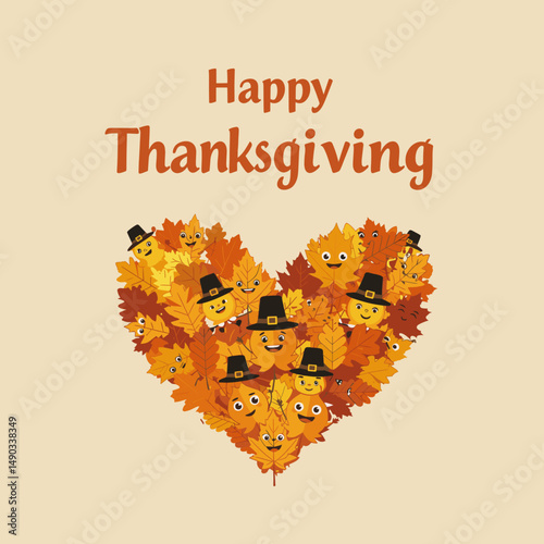 Cute and colorful leaves with expressive faces highlight the joyful spirit of Thanksgiving.