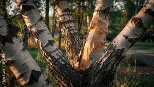 Birch bark texture captured in angled medium shot showing dramatic contrast between white surface and black markings in dappled golden hour forest lighting