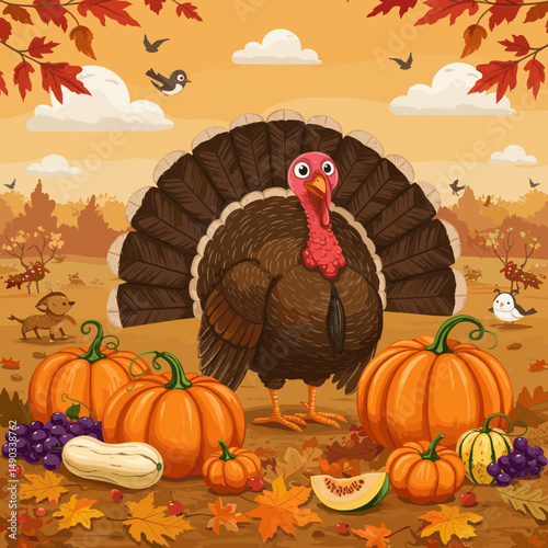 Festive greetings saying "Happy Thanksgiving" with cartoon turkeys and fall-themed backgrounds.