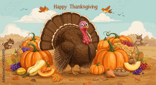 Festive greetings saying "Happy Thanksgiving" with cartoon turkeys and fall-themed backgrounds.